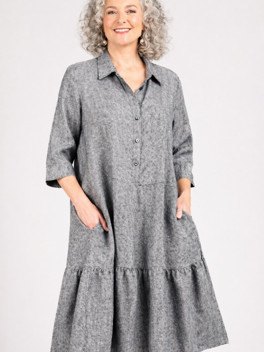 NWT Alembika Linen Shirt Dress Size 5|US 14-16 Charcoal Check Lagenlook Pockets